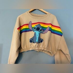 Tan Cropped Sweatshirt with Rainbow and Stitch Design